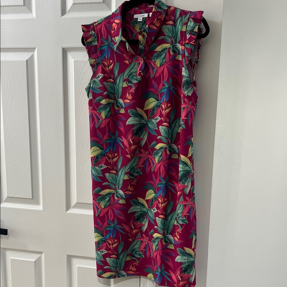 Chico's Fuchsia Tropical Shift Dress with Green & Blue Leaf Print. Size 1